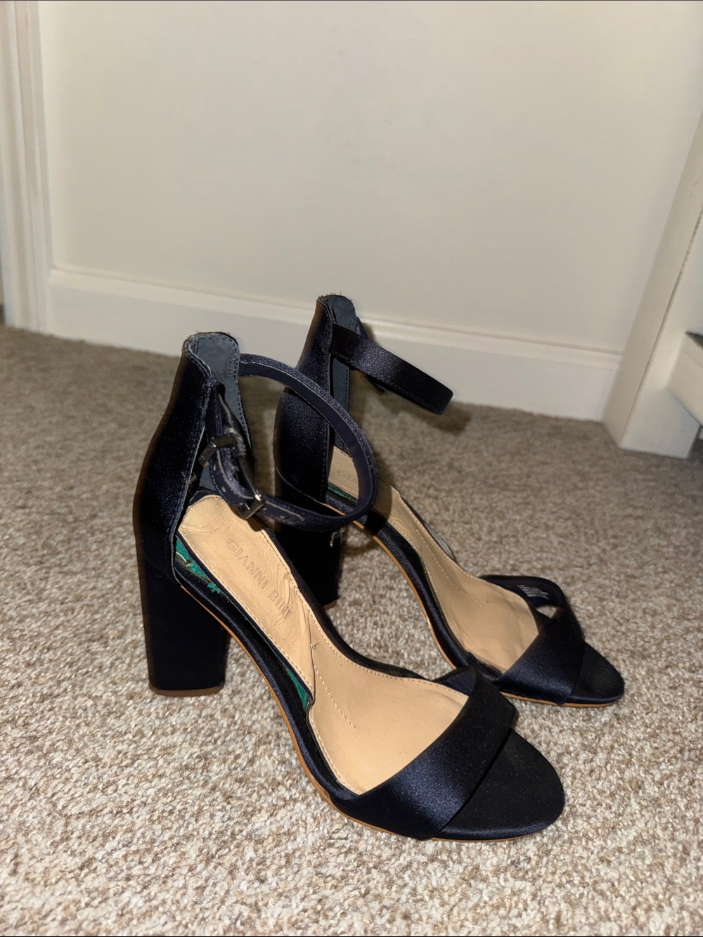Gianni Bini navy blue Satin Ankle-Strap Block Heel Sandals - Women